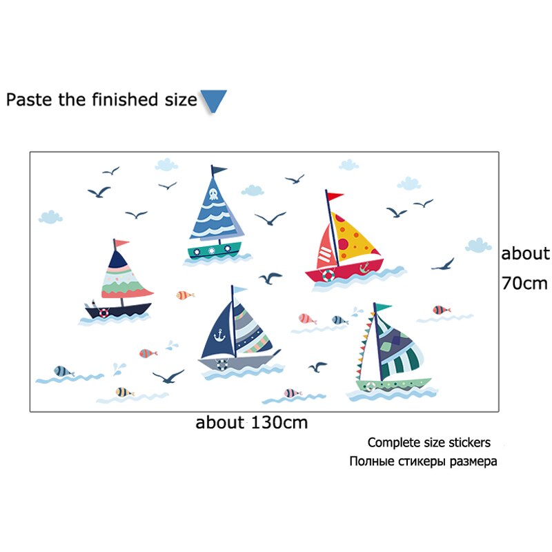 Cartoon Zeilboot Met Zee View Muursticker Voor Kinderen Kamers Woondecoratie Glas Venster Achtergrond Mural Decals Poster Stickers