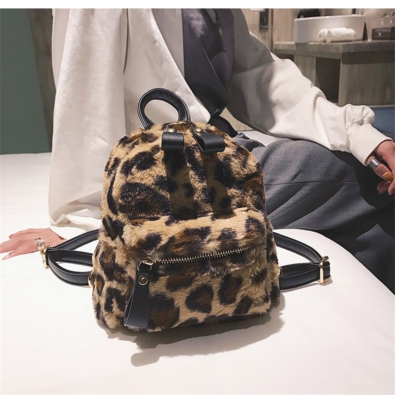 Hisuely leopard print små ryggsäckar för kvinnor mini ryggsäck barn ryggsäck resekedja plysch väskor vinter bokväska