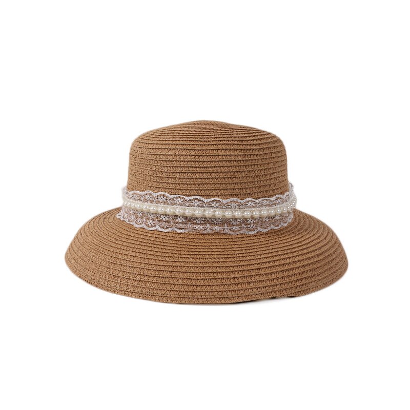 Modieuze strohoed strandhoed dames zomer strand zonnehoed buiten zonnehoed reizen grote dakrand zonnehoed: Kaki wit lint