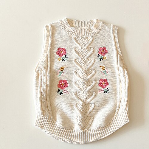 Pulls de Style coréen pour enfants, pull tricoté, hauts pour bébés filles, gilet tricoté, sans manches, broderie de fleurs, printemps automne: GZ258 Beige white / 3M