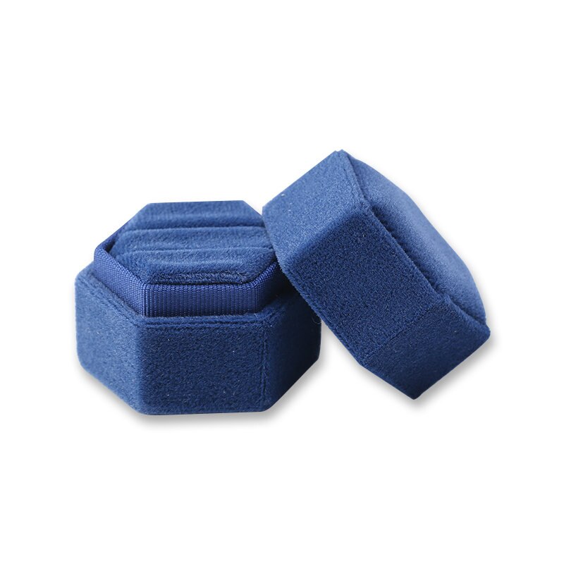 Hexagon Shape Fluwelen Doos Dubbele Ring Opbergdoos Bruiloft Ring Display Voor Vrouw Oorbellen Verpakking 5 Kleuren: Hexagon Blue