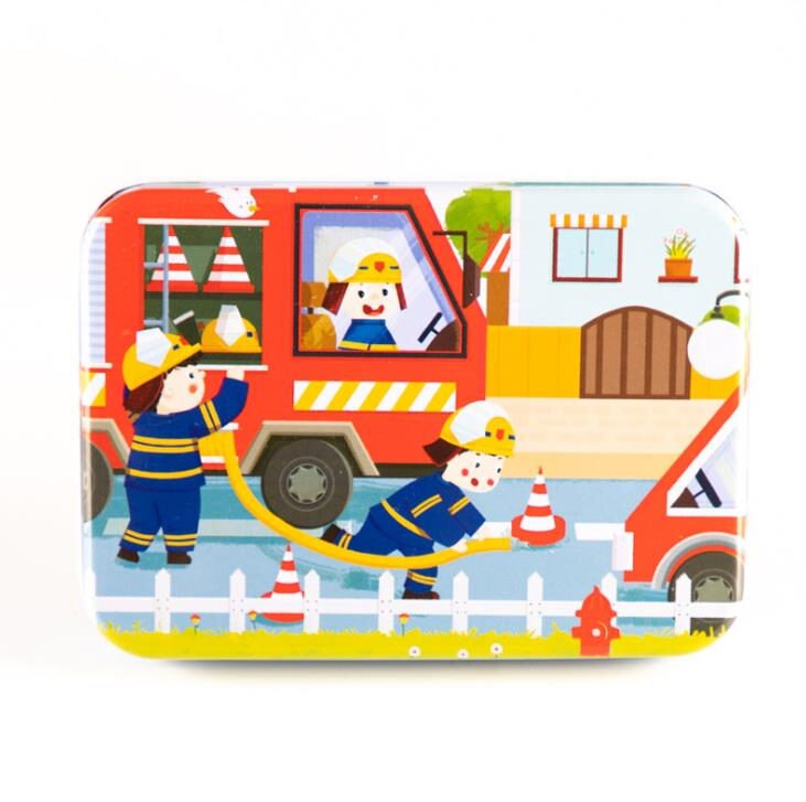 120 stück Eisen Box Verpackung Holz Cartoon Puzzle Spielzeug Kinder Intelligenz Entwicklung Tangram Und Jigsaw Puzzle Spielzeug: Firefighters