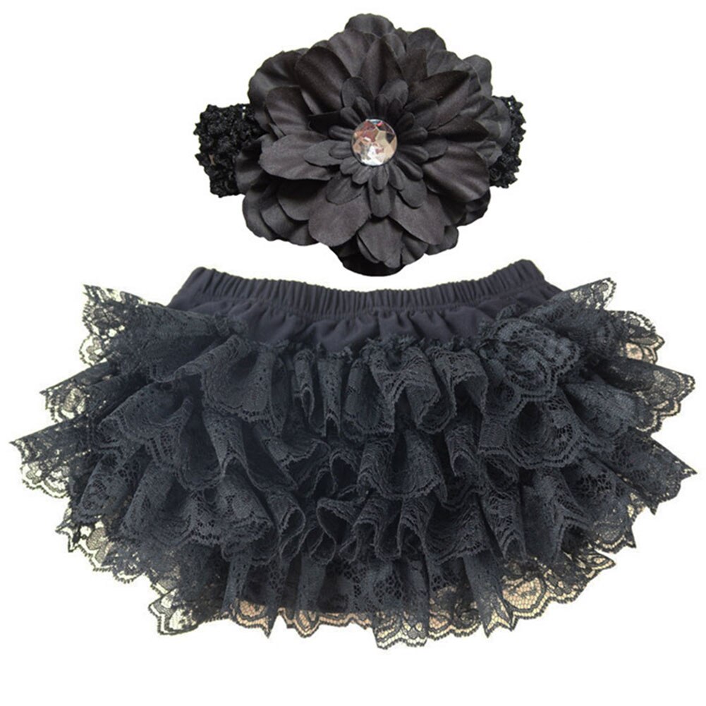 Cute Baby Girl Bloomers Diaper Cover Headband Set Newborn Ruffle Panties Lace Infant Shorts NSV775: Black / 6M