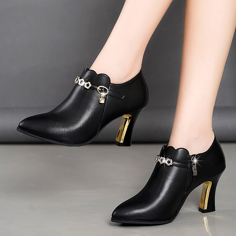 Plus Size Women Ankle Boots Winter Warm Plush Chain High Heels Dress Shoes Pointed Toe Black Booties Ladies Shoes 8377G