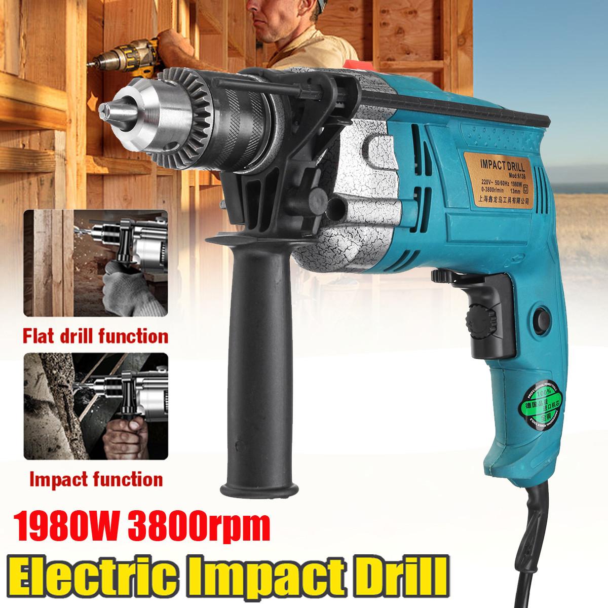 1980W 220V Electric Brushless Handheld Impact Flat Drill Guns Hand Drill Torque Driver Tool Set with Measuring Scale Wrench