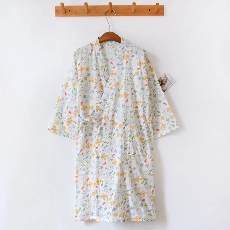 Albornoz tipo kimono de algodón para mujer, ropa de casa holgada, pijamas, batas para mujer, cárdigan estampado multicolor, ropa para dormir, bata para mujer: M / YELLOW