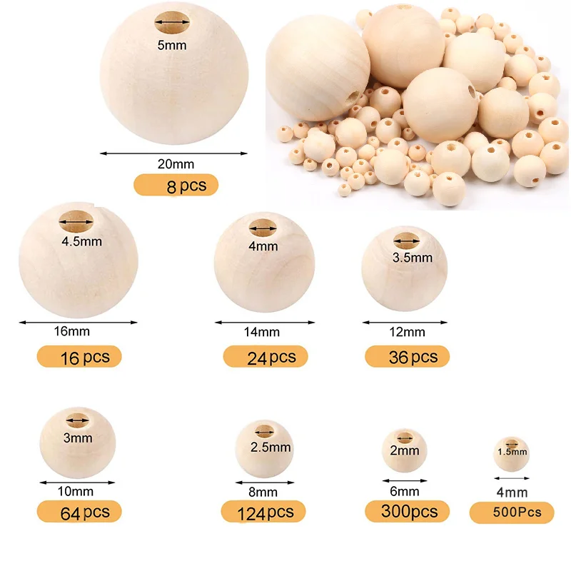 2-500 pièces perles en bois naturel avec trous 4-30mm entretoise ronde boule de perle en bois breloque de perle en bois en vrac pour bricolage accessoires faits à la main