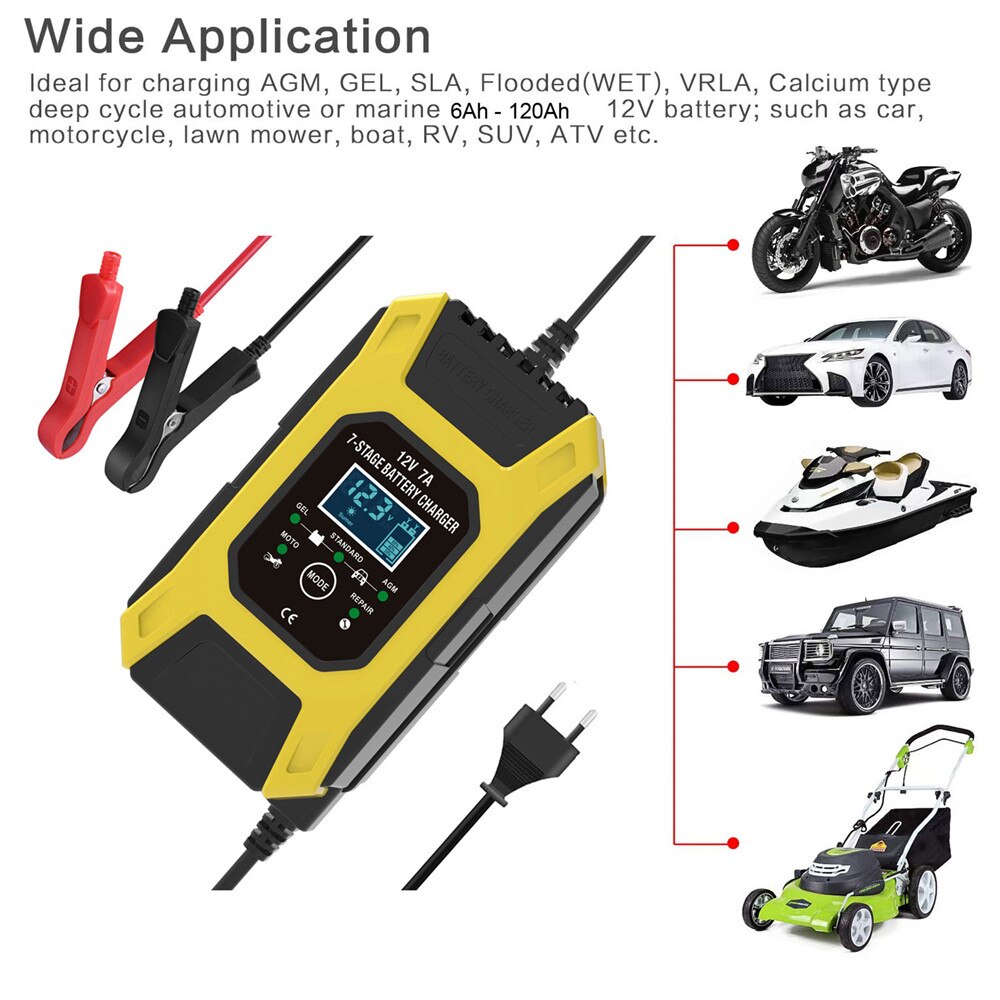 12V 7A Pulse Battery Charger Digital LCD Display Motorcycle Car Battery Charger AGM GEL WET Lead Acid Smart Fast Battery Charger