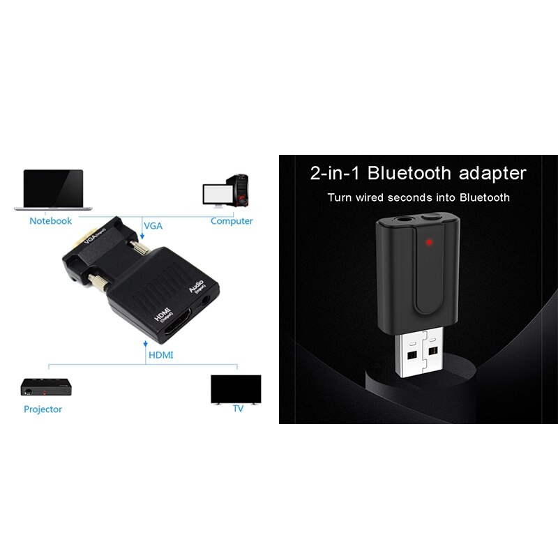 VGA macho a HDMI hembra con Adaptador de Audio, compatible con señal 1080P, transmisor y receptor Bluetooth, USB inalámbrico