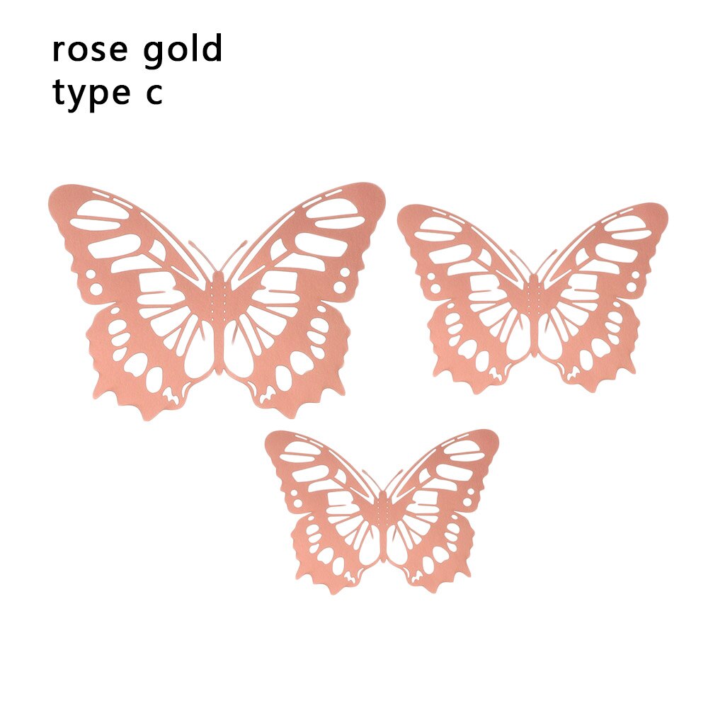 12 Stks/pak 3D Hollow Vlinder Muurstickers Diy Metalen Textuur Goud Zilver Rosegoud Mariposas Decals Feestartikelen Home Decor: rose gold-c