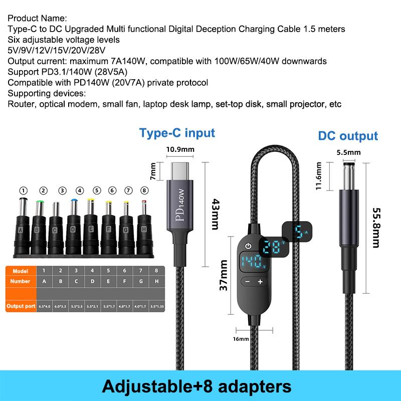USB C Naar DC Power Boost Kabel Verstelbare Spanning Adapter Connector Cord Voor Laptop Router PD140W/5 V/9 V/12 V/15 V/20 V/28 V: zwart
