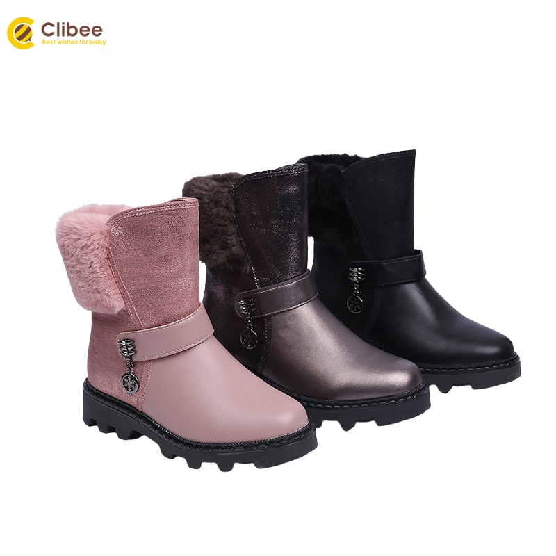 Clibee Warm Winter Kids Laarzen Meisjes Waterdichte Thicken Sole Wollen Voering Laarzen Kinderen Hoge Kalf Schoenen Met Rits Maat 32-37