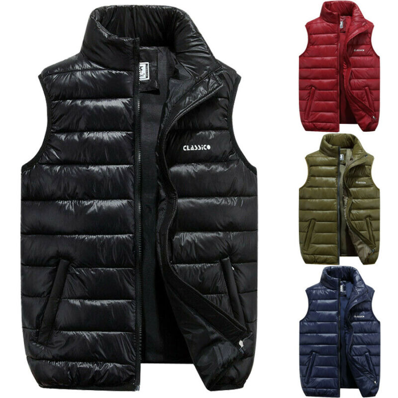 4 Colors Men Casual Sleeveless Vest Top Coat Male Padded Vest Jacket Quilted Outwear Tops Zip Up Waistcoat Outfits Plus Size