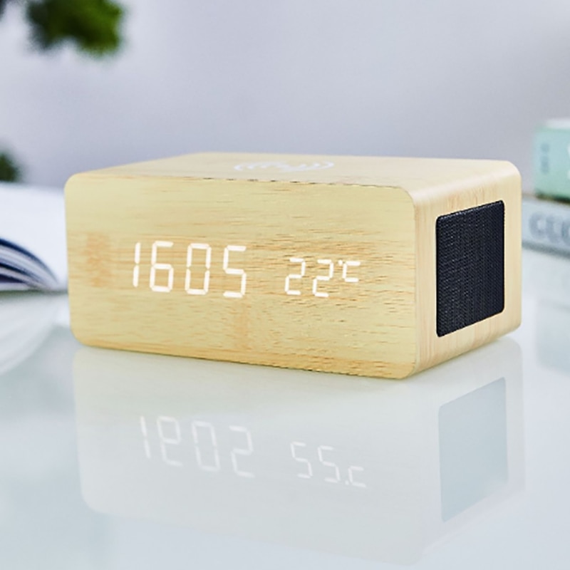 Bamboo Wooden Alarm Clock with Bluetooth Speaker Voice Control LED Digital Clock Wireless Charging Phone Wood Temperature Table