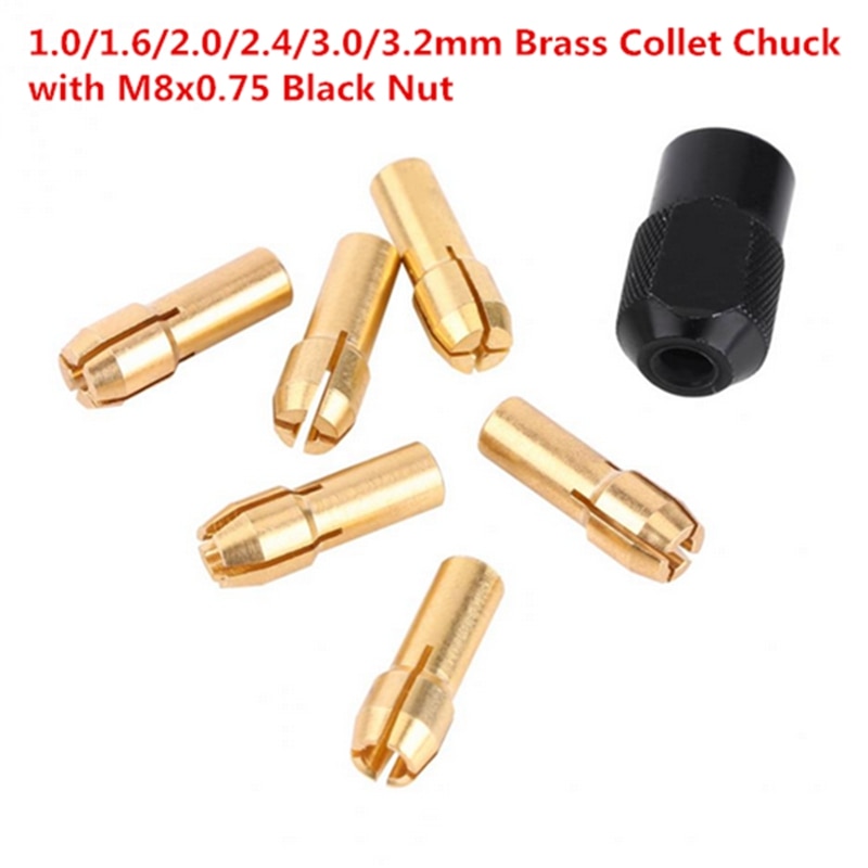 6 st 1-3.2mm mässingsborr hylschuckar med  m8 x 0.75mm +  svart mutter dremel roterande verktyg tillbehör