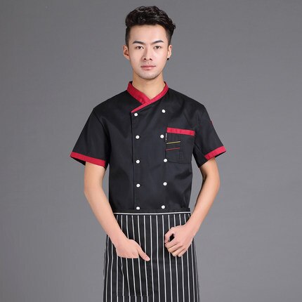 Kokkedragt kortærmet kokkeuniform udtjekket kokkejakke billigste kokkeskjorte restaurantoverdele hoteluniform: Sort / Xl