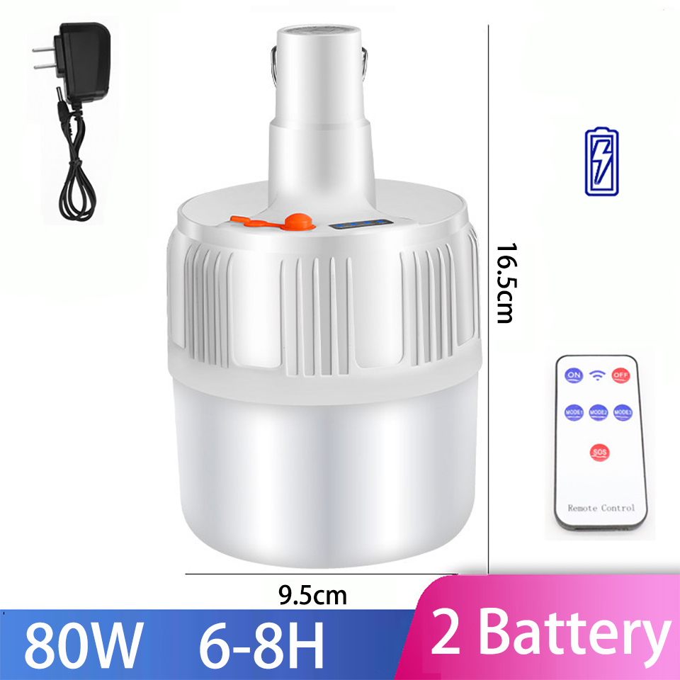Portable Camping led Light Bulb Rechargeable Emergency Lights LED Battery Tent Solar Outdoor Lantern Lighting for Patio Garden: Remote 80W 2Battery / EU