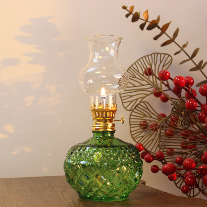 Lampe à huile, lampe à kérosène en verre vintage, lampe à ouragan décorative d'intérieur, lanterne à huile pour décoration de table et éclairage de secours: green