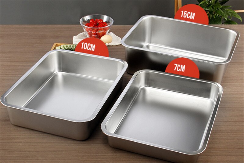 Bandeja quadrada para churrasco, 1mm, 304 de aço inoxidável, placa retangular, grelha de fundo reto para peixe, recipiente de comida e churrasco