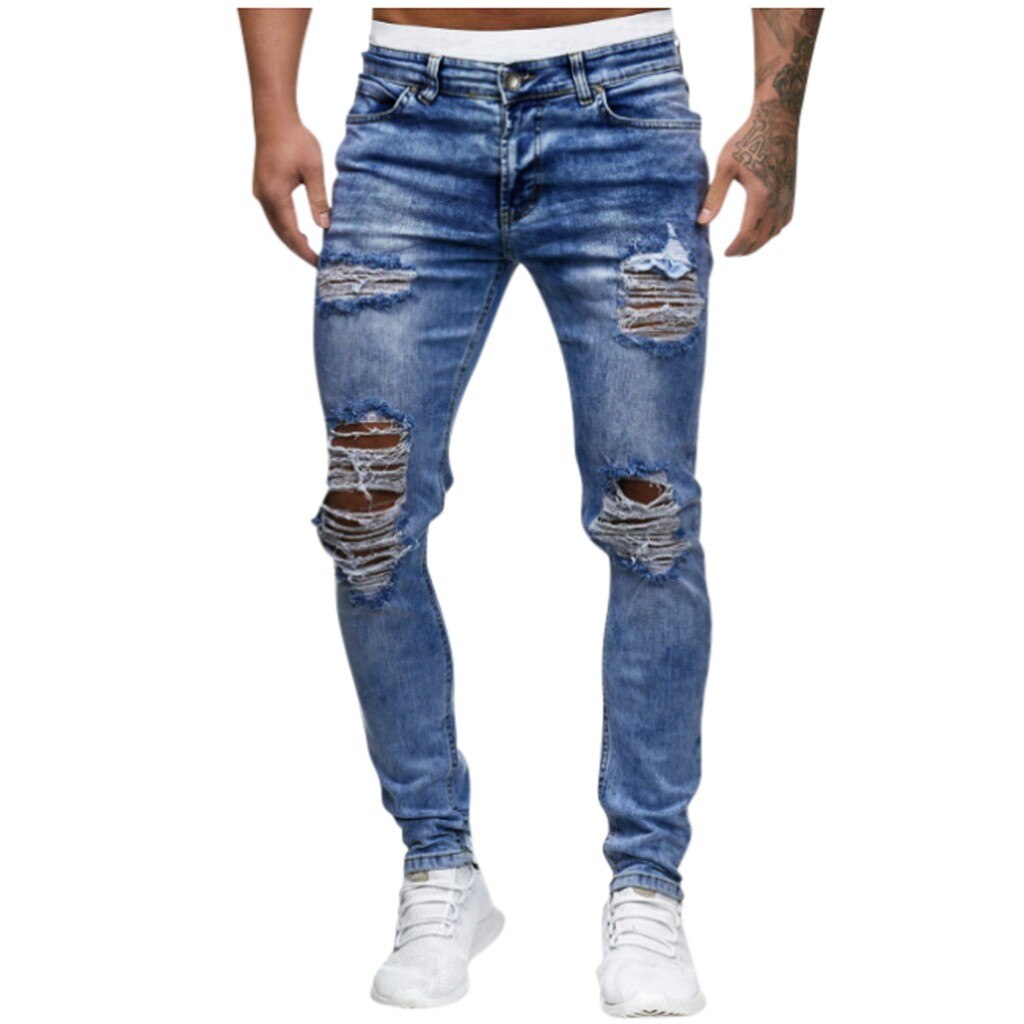 Jeans Men Ripped Skinny Jeans Blue Pencil Pants Motorcycle Party Casual Trousers Street Clothing Denim Man Streetwear L3: S