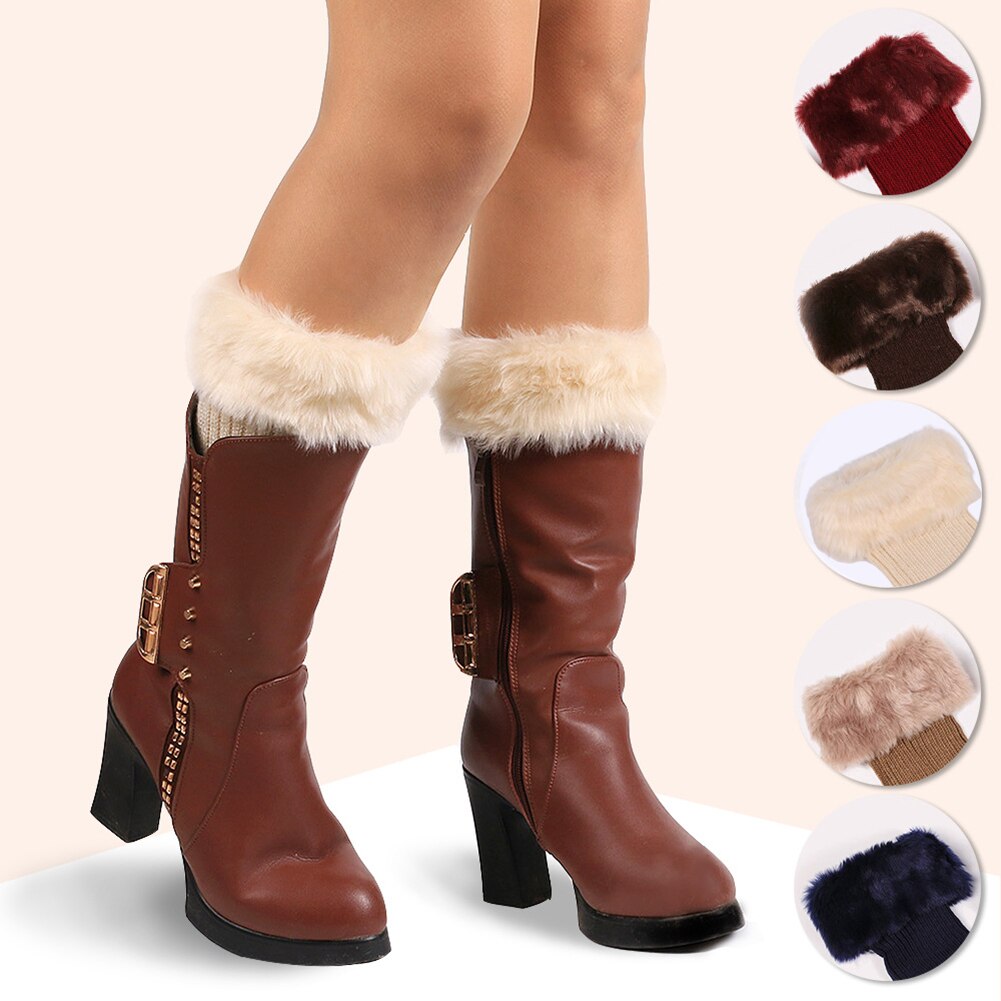 Winter Women Solid Color Faux Fur Cuff Crochet Knit Boots Sock Short Leg Warmers