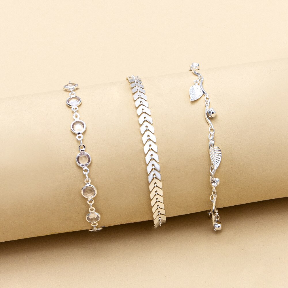 Summer Ladies Leaf Anklet with Round Alloy Arrow Anklet Three-Piece Crystal Leaf Anklet Popular Accessories: Silver Plated