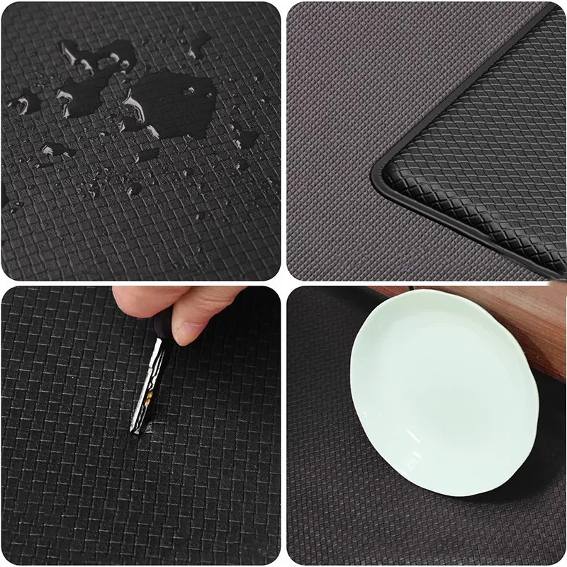 Alfombra larga para suelo de cocina, vinilo de PVC de 8 mm de grosor, impermeable, a prueba de aceite, antideslizante, antifatiga, textura de cuero, negro, gris