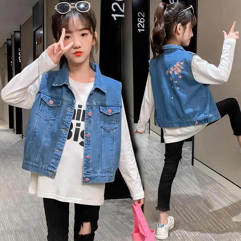 Children's Denim Vest For Girls Sleeveless Jacket Kids Spring Summer Embroidery Clothes Outfit For Teen Girls Clothing