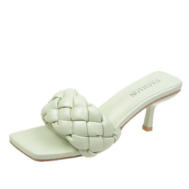 Dames Dunne Hakken Slippers Dames Zomer Slippers Pu Leer Vrouwelijke Waterdichte Mid Hakken Schoenen Vrouw Vierkante Teen Schoen: green / 8.5