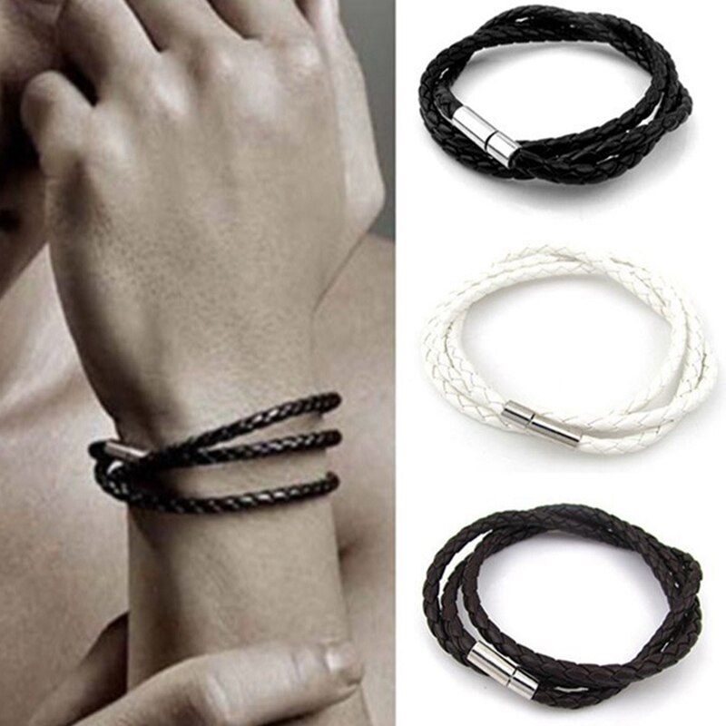1 stück Leder Multi Schichten Charme Armband Für Frau Und Mann Schwarz Weiß Bronze Webte Stricken Lange Armband Schmuck