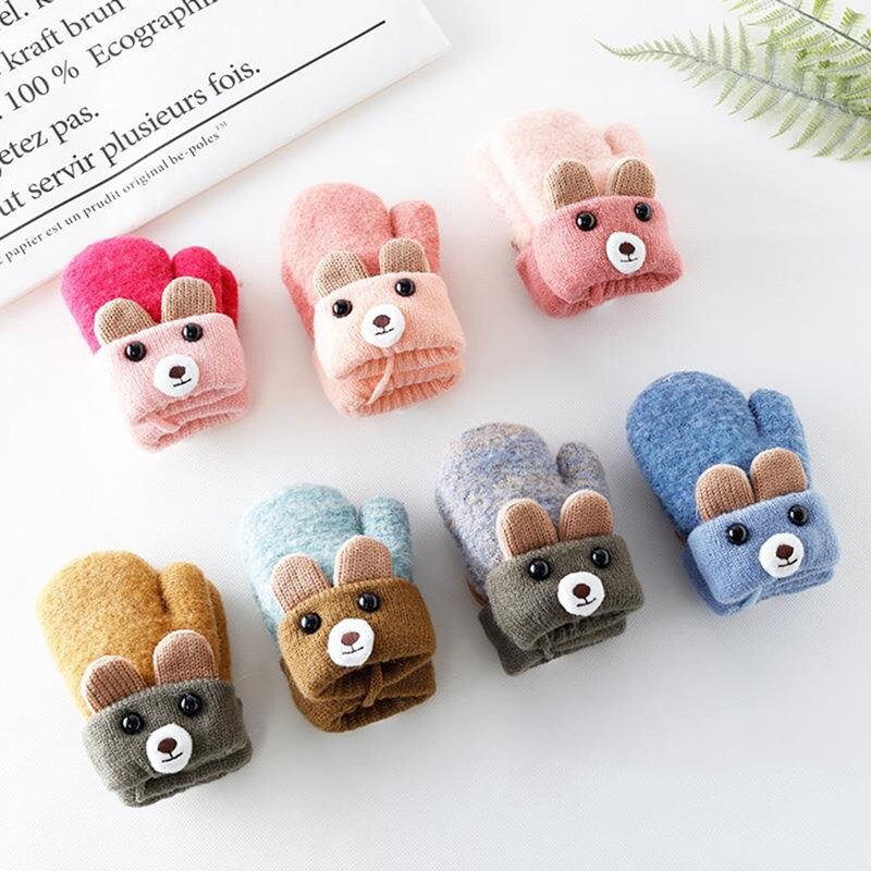 1 paar Neue 0-3 Y Niedlichen Cartoon Bär Baby Handschuhe Winter Gestrickte Wolle Säuglinge Fäustlinge Thicke Warm Volle seil Handschuhe Für Jungen Mädchen