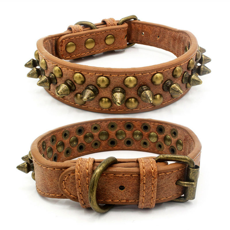 Franse Bulldog Pitbull Honden Kraag Retro Golden Rivet Bezaaid Lederen Huisdier Kraag Voor Kleine Medium Grote Honden Spiked Neck Strap: A / XS