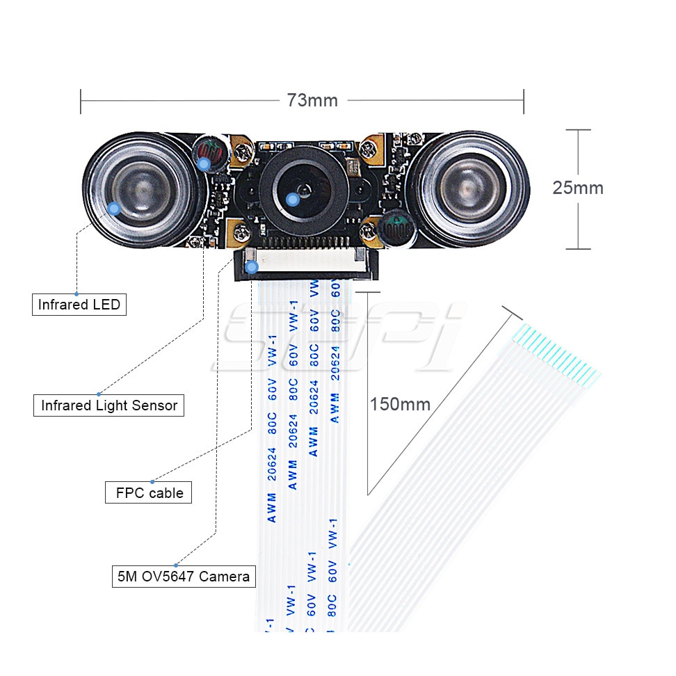 Caméra de Vision nocturne infrarouge 52Pi, capteur 1080P avec Module de mise au point réglable 3.6mm pour Raspberry Pi 4B / 3B + / Zero / 3B / 2B