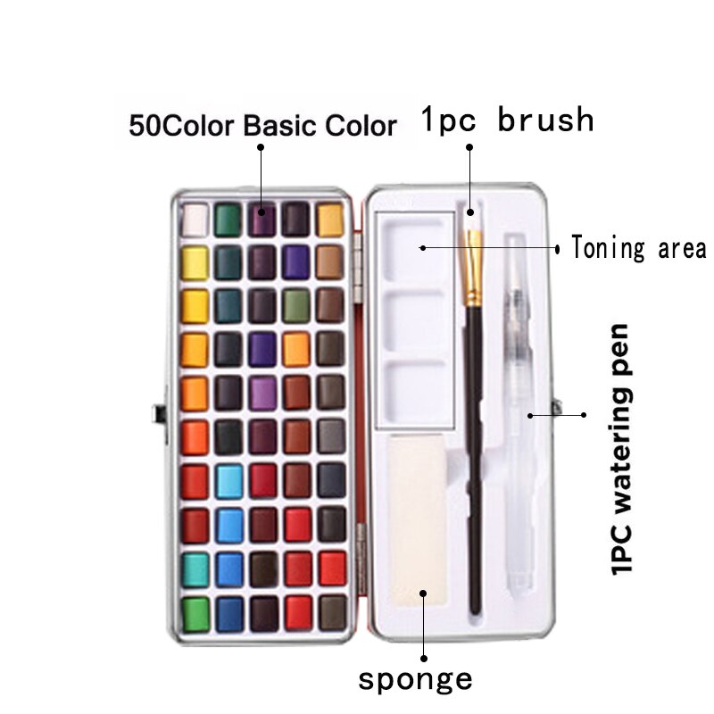 50/72/90 Kleur Solide Aquarel Set Draagbare Metalen Doos Basic Neone Glitter Parel Aquarel Verf Voor Tekenen art Verf Levert