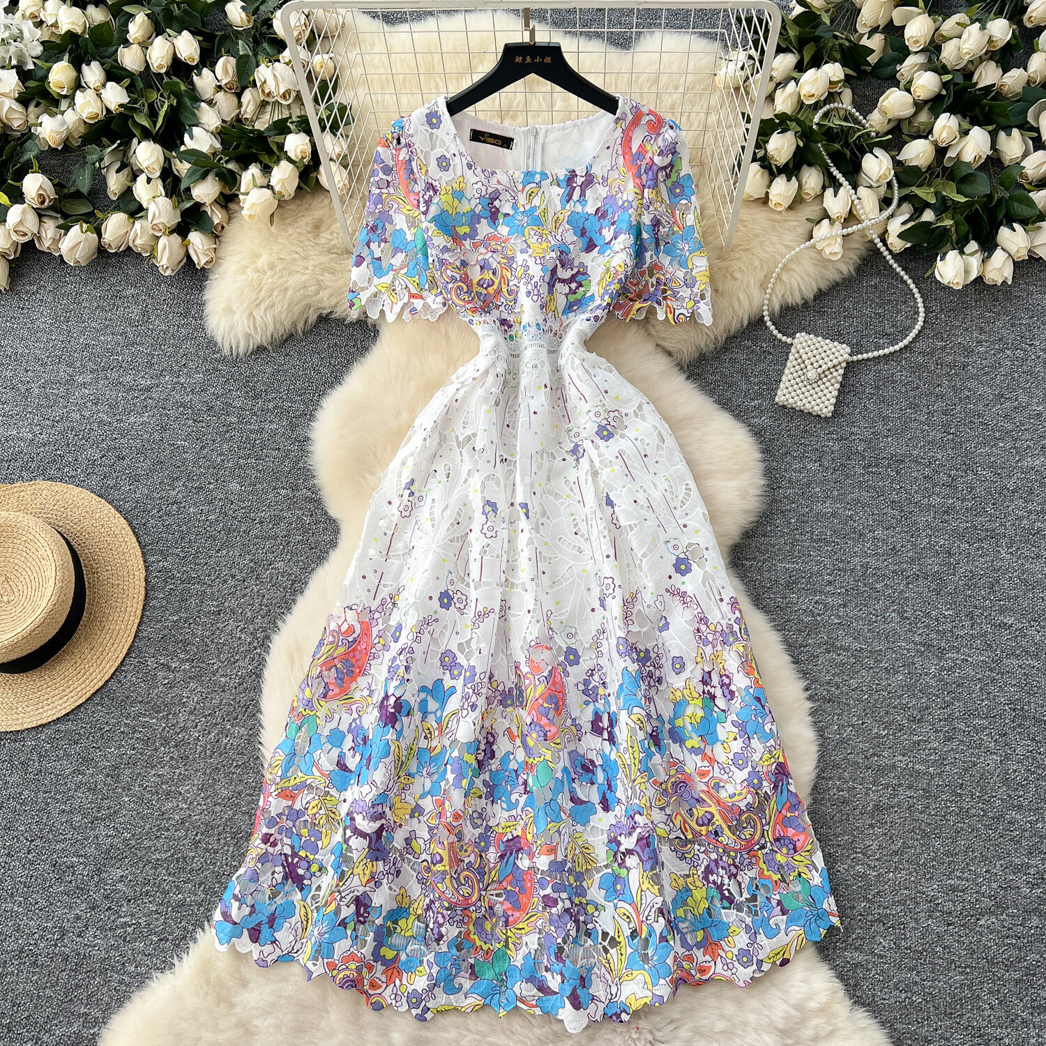 Blomsterbroderi udhulet blonde aftenkjoler kvinder sommer korte ærmer prinsesse retro midi lang festkjole gradient: S / Blå