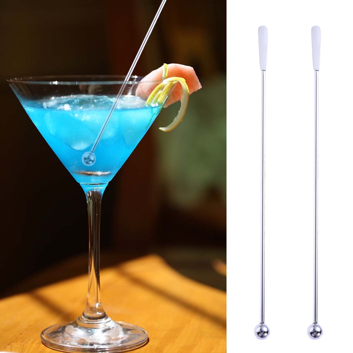 5 stk rustfrit stål swizzle pinde flade og runde perle martini plukker frugt pinde til hjemmebar