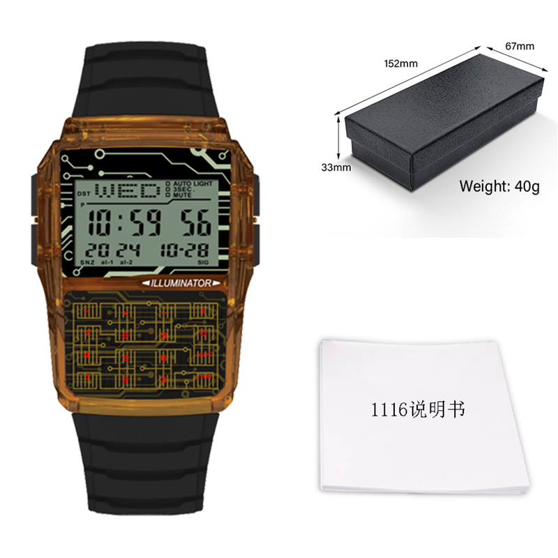 Reloj con calculadora multifunción, reloj electrónico LED, deportivo Digital, resistente al agua, estilo de ordenador, de lujo superior para hombre: Oro