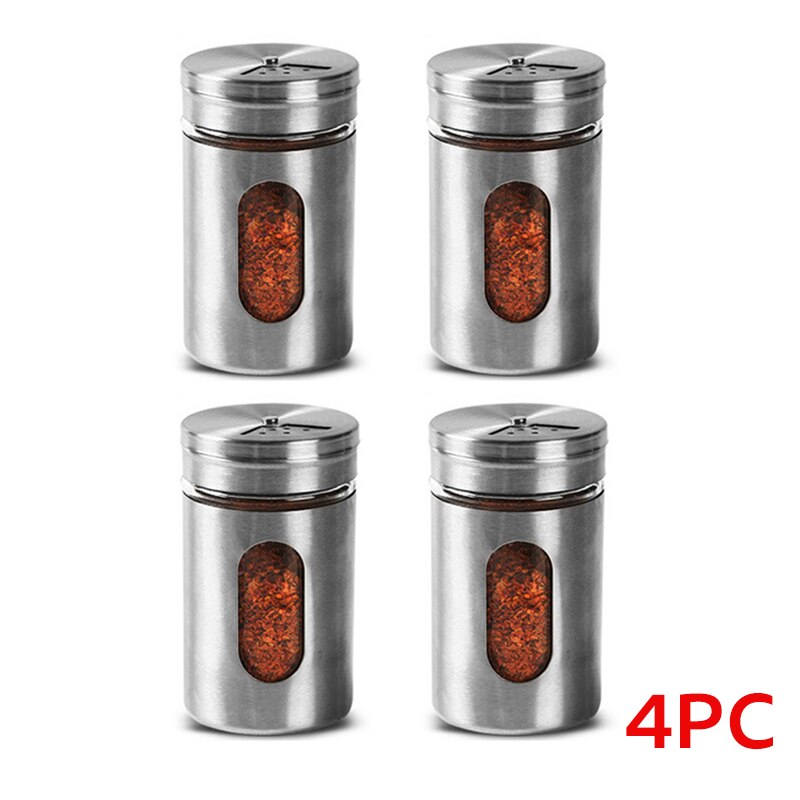 Aço inoxidável spice jar sal açúcar tempero pimenta shaker tempero pode com cobertura rotativa churrasco spice armazenamento garrafa ferramenta de cozinha: 4pcs