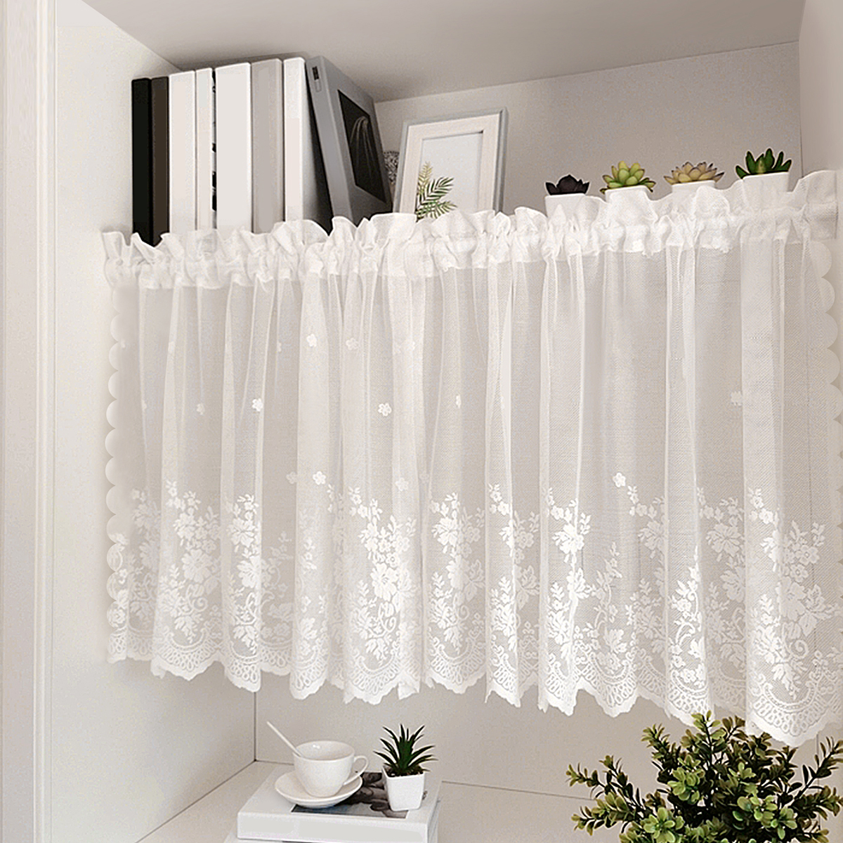 1pc söta vita spetsgardiner för fönsterdekoration, stångficka, transparenta korta gardingardiner lämpliga för dekoration av sovrum
