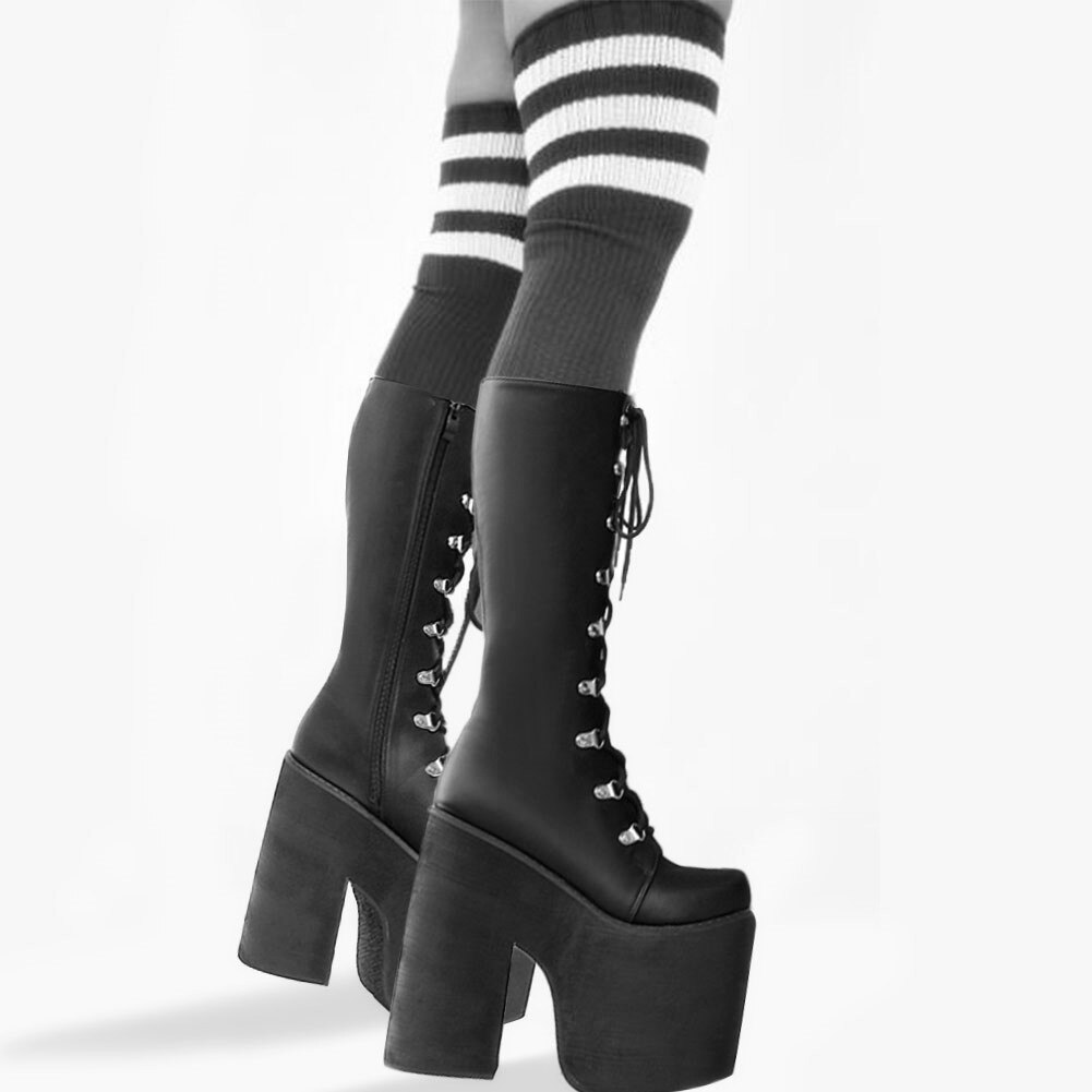 Brand Large Sizes 43 Thick Platform 17cm Extreme High Heels Shoelaces Shoes Woman Cool Motorcycles Boots Female
