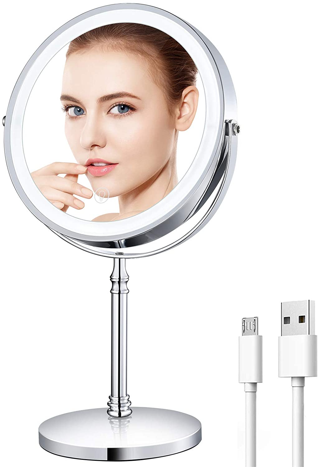 8" Lighted Makeup Mirror with Lights Double Sided Dimmable 10x Magnifying Mirror Rechargeable and Brightness Adjustable: Silver