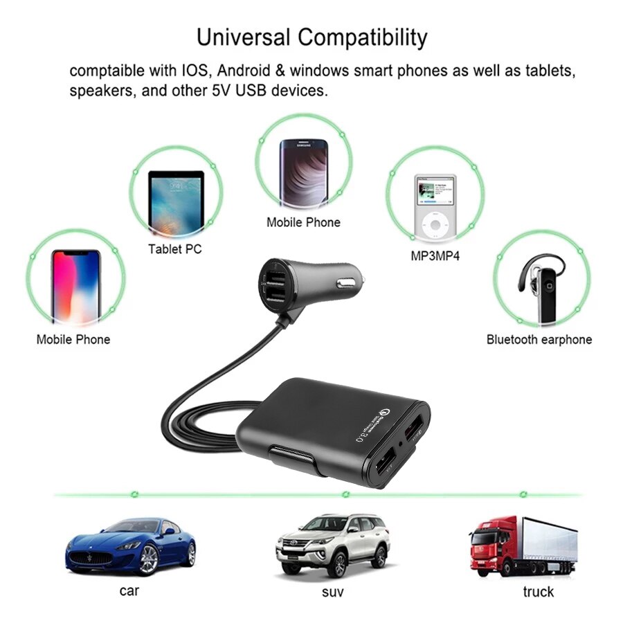 4 Port Usb QC3.0 Snelle Autolader Uitbreiding Usb Hub Universele Telefoon Pad Tablet Power Adapter Voor Voor-en Achterbank passagiers