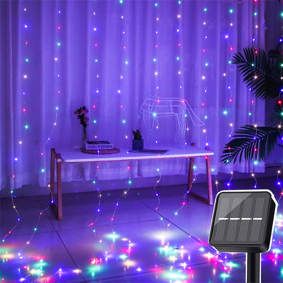 Rideau lumineux solaire pour chambre à coucher, fêtes de mariage, 300 LED, toile de fond pour fenêtre murale, guirlande de glaçons pour jardin, gazébo, décor de barbecue: Multicolor / 3X2M 200LEDS