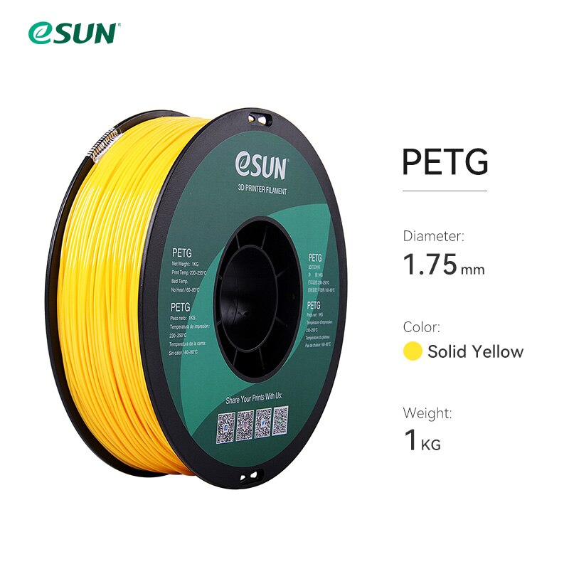 Esun petg filament 1.75mm,3d printer filament petg nøjagtighed  +/- 0.05mm,1kg 2.2 lbs spole 3d printmaterialer til 3d printere: Fast gul