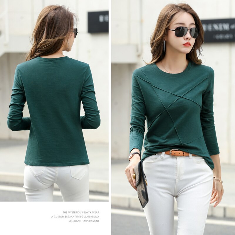 Camiseta acanalada de algodón de bambú para mujer, blusa morada Simple holgada con cuello redondo, Top verde de manga larga para mujer 2022