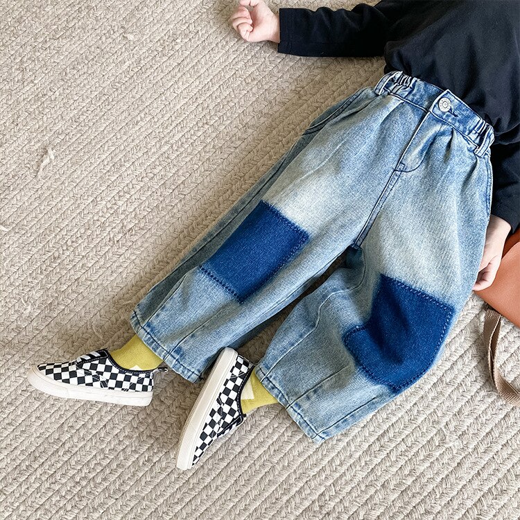 Stile coreano 2022 jeans patchwork moda ragazzi moda pantaloni larghi in denim lavaggio sabbia 1-7Y: 4T