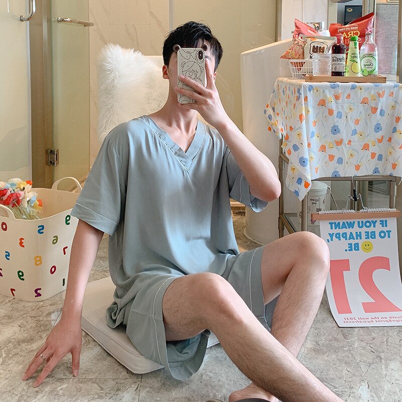 Pyjama en coton à manches courtes pour homme, ensemble léger et doux, chemise et pantalon, idéal pour le salon, tailles XL, XXL et XXXL: grey / L