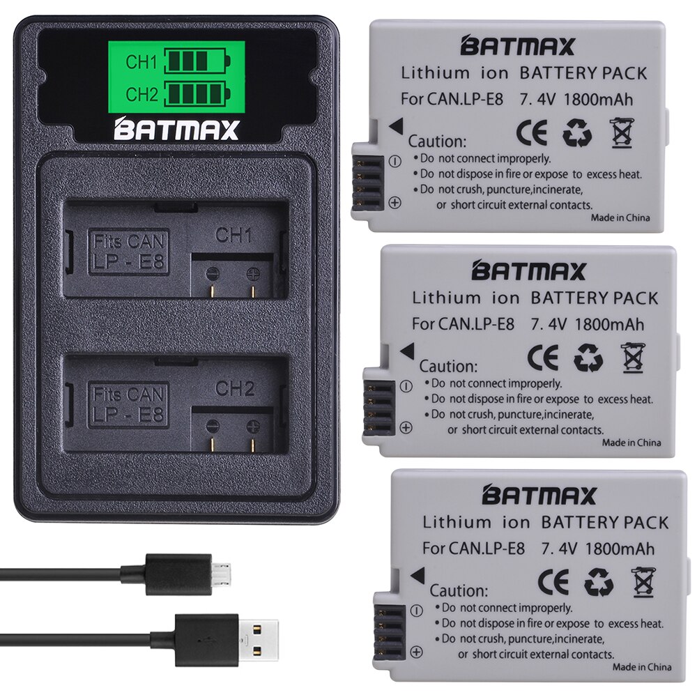 Batmax LPE8 LP-E8 LP E8 Battery+LCD USB Dual Charger with Type C Port for Canon EOS 550D 600D 650D 700D Rebel T2i T3i T4i T5i: 3B with charger