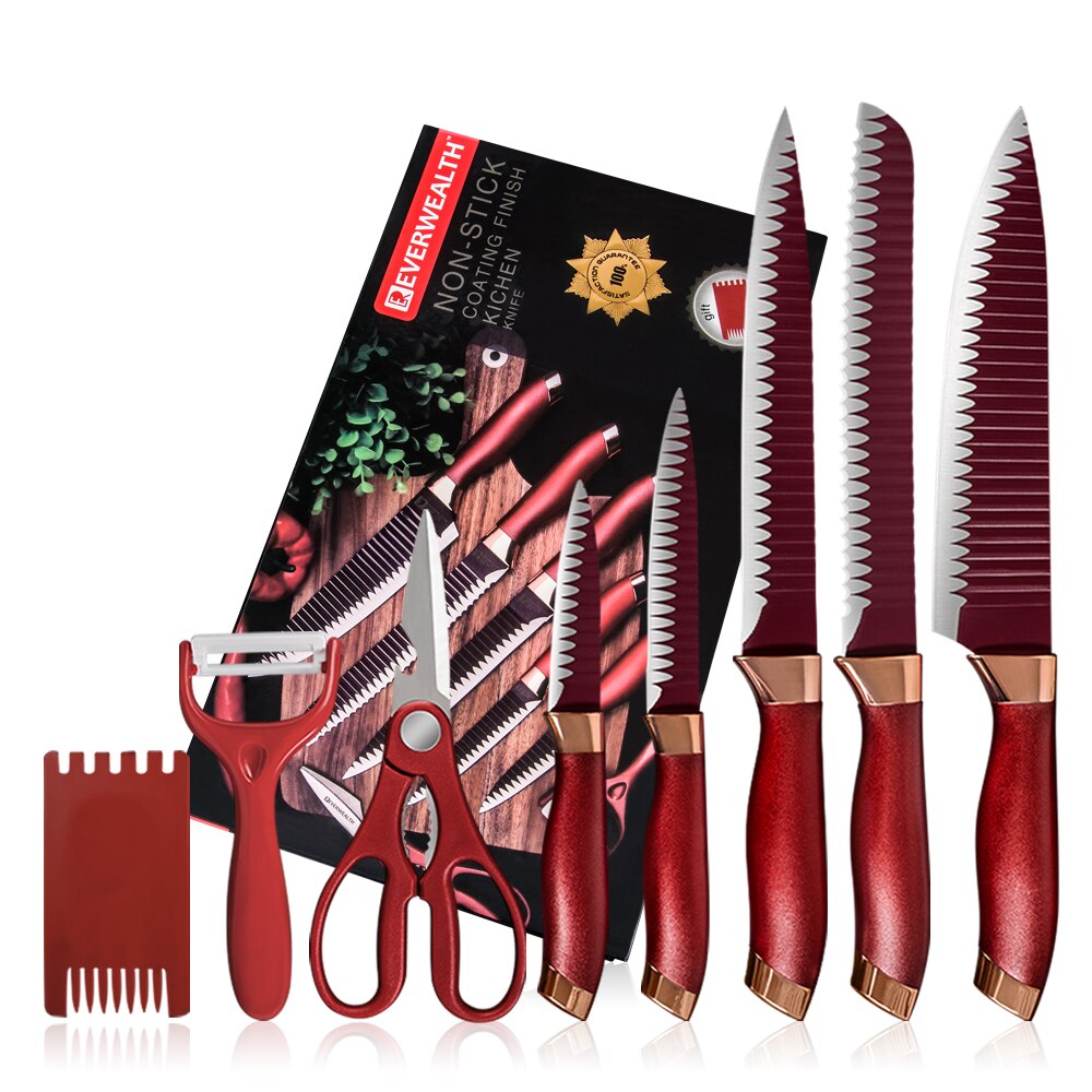 Sowoll køkkenkniv æskesæt i rustfrit stål sakseskræller brødskæring værktøj kokkekniv familie rød grøn farve: Default Title