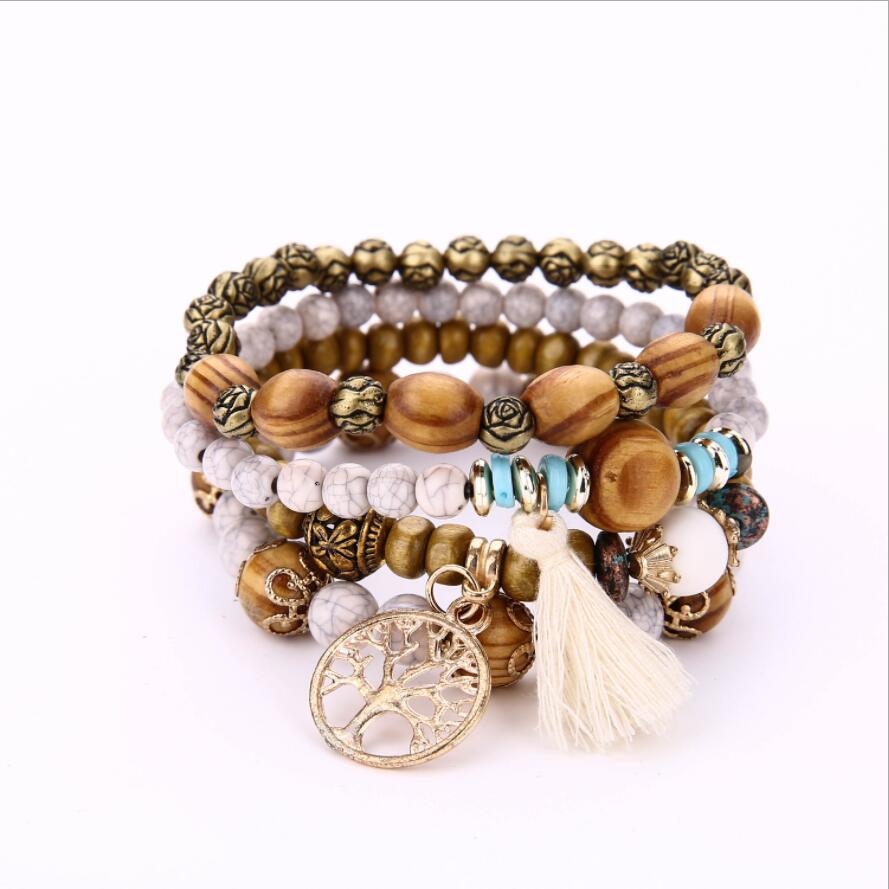 Charm Bracelets for Women Men Multilayer Wooden Beads Wristband Bracelets & Bangles Pulseira Boho Jewelry: White